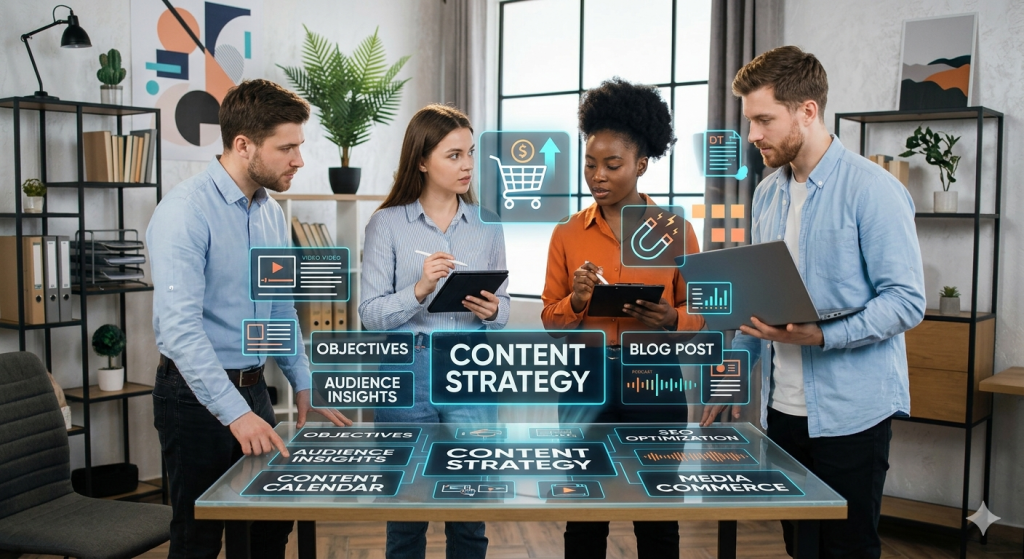 A modern workspace flatlay featuring a laptop displaying growth charts, a smartphone, and a notebook titled Content Strategy Blueprint, representing media commerce growth.