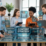 A modern workspace flatlay featuring a laptop displaying growth charts, a smartphone, and a notebook titled Content Strategy Blueprint, representing media commerce growth.