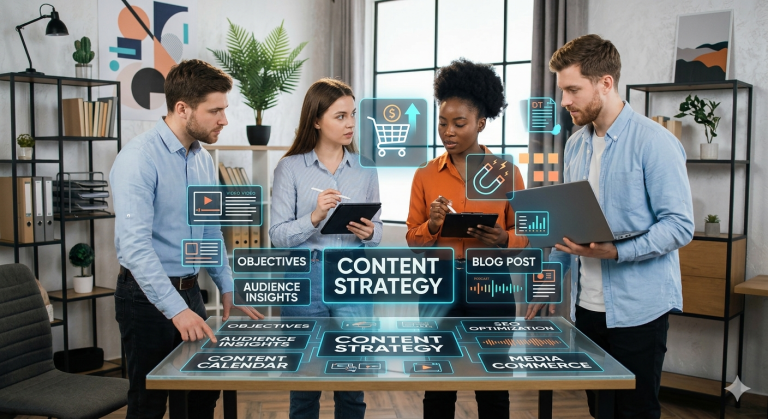 A modern workspace flatlay featuring a laptop displaying growth charts, a smartphone, and a notebook titled Content Strategy Blueprint, representing media commerce growth.