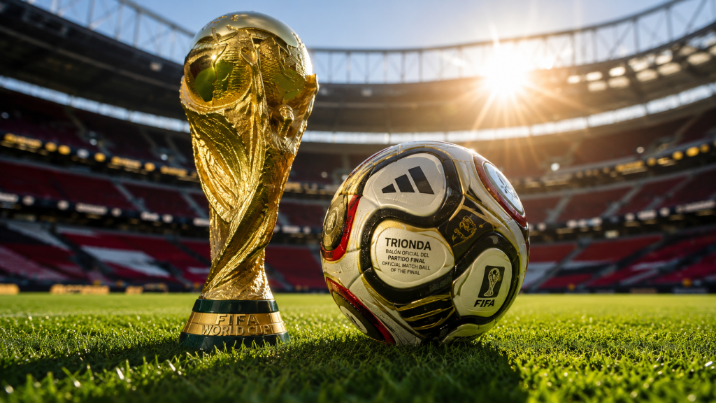 The solid gold FIFA World Cup Trophy next to the official Adidas Trionda Final match ball on a stadium pitch under bright sunlight.
