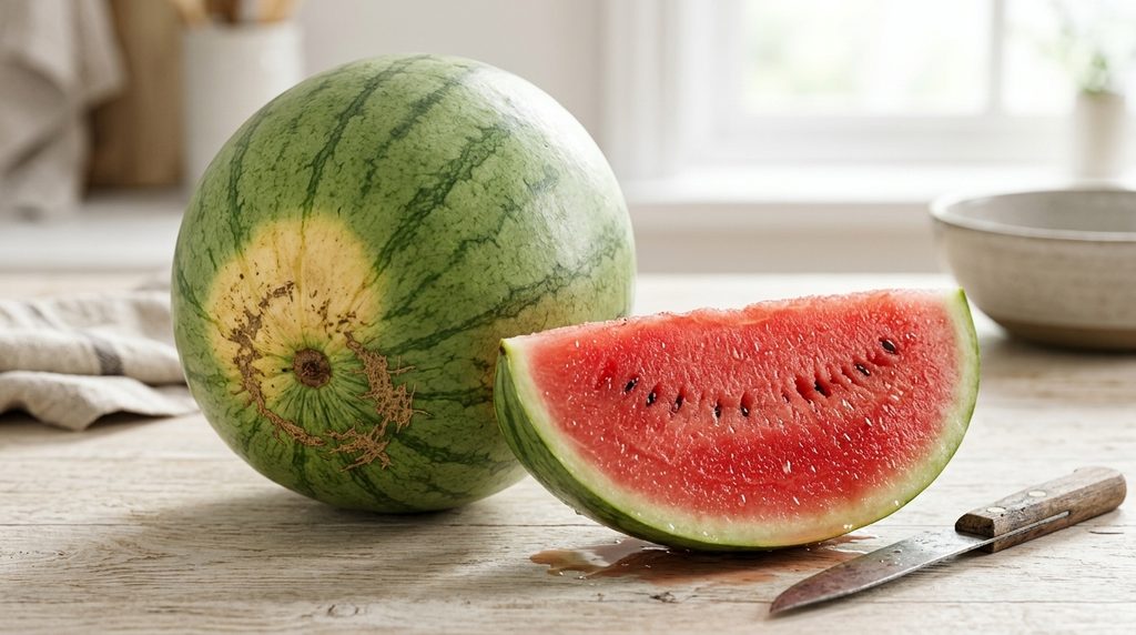 A full and a beautifully sliced with a knife watermelon. Ripe, juicy, sweet and attractive, on a table.