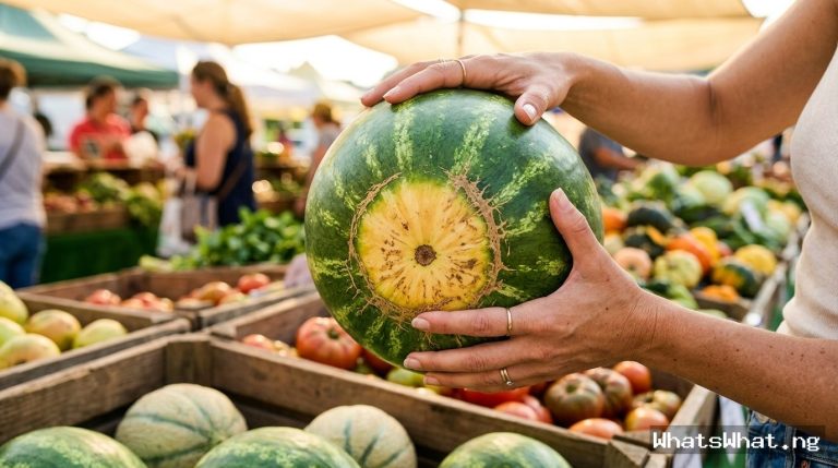 A shopper's hands holding a watermelon at a farmers market, displaying a deep golden-yellow field spot and brown sugar webbing on its rind.