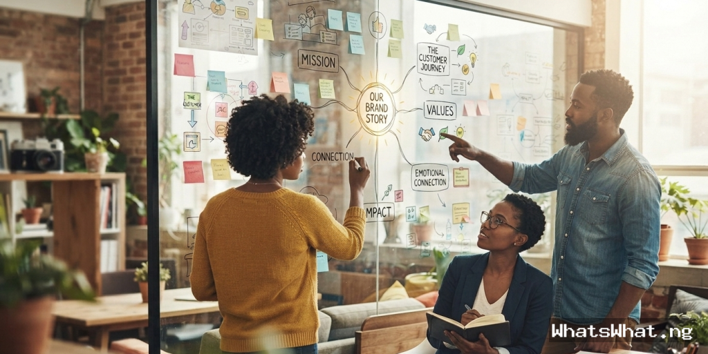 A diverse creative team mapping out an "Our Brand Story" narrative diagram on a glass wall in a modern studio office.