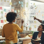 A diverse creative team mapping out an "Our Brand Story" narrative diagram on a glass wall in a modern studio office.