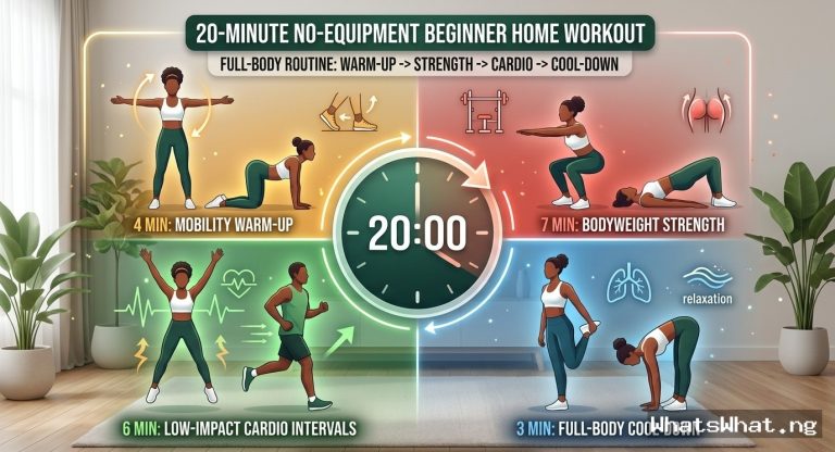 A detailed four-quadrant fitness infographic and workout routine poster for a 20-minute no-equipment beginner home workout. The top title and background text are in a clear, dark teal color on a light surface. A large central green digital clock displays 20:00. The grid features diverse animated figures performing exercises: top-left (Yellow/Orange: Marching, Cat-Cow, Hip Circles, Arm Circles) for 4 minutes of Mobility Warm-up; top-right (Red: Squats, Push-ups, Lunges, Glute Bridges, Bird Dogs) for 7 minutes of Bodyweight Strength; bottom-left (Green: Brisk and Easy Intervals) for 6 minutes of Low-Impact Cardio; bottom-right (Blue: Chest/Shoulder Opener, Standing Quad Stretch, Forward Fold) for 3 minutes of Cool-down. The entire image has a gentle pulse and the figures' movements subtly loop, creating a cinemagraph effect. The style is modern vector illustration with smooth gradients and glowing white accents. Small fitness icons and data text are throughout. The overall look is professional, clear, and engaging, with potted plants on a soft rug in a minimal living room setting. The aspect ratio is 16:9.