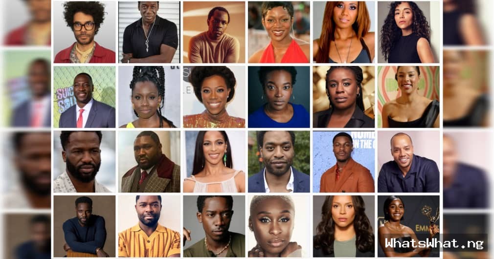 A photo grid showcasing prominent Nigerian diaspora actors and actresses in Hollywood and international cinema, including John Boyega, Chiwetel Ejiofor, David Oyelowo, and Cynthia Erivo.