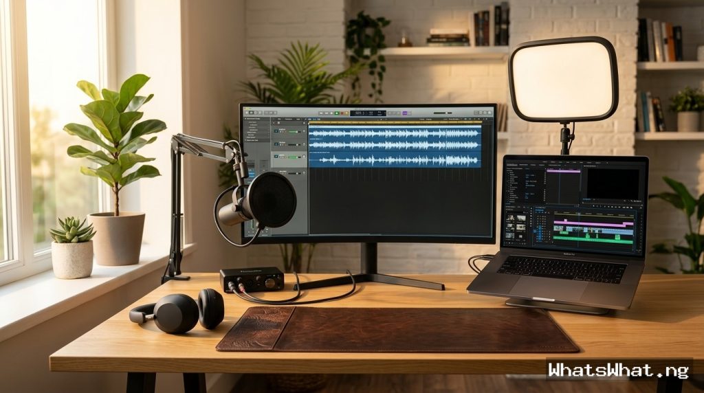 An aesthetic desk workspace setup featuring a curved monitor with audio waveforms, a laptop showing video editing software, a studio microphone with a pop filter, a soft LED key light, and black over-ear headphones on an oak desk.