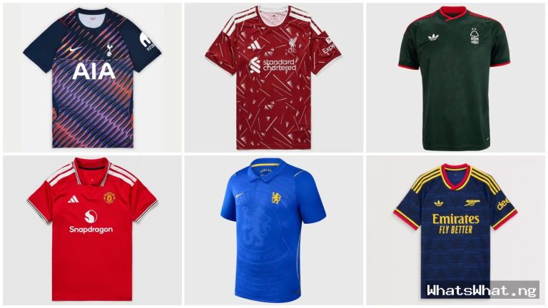 Grid showcase of six 2026/27 European football kits featuring jerseys from Tottenham Hotspur, Liverpool, Nottingham Forest, Manchester United, Chelsea, and Arsenal.