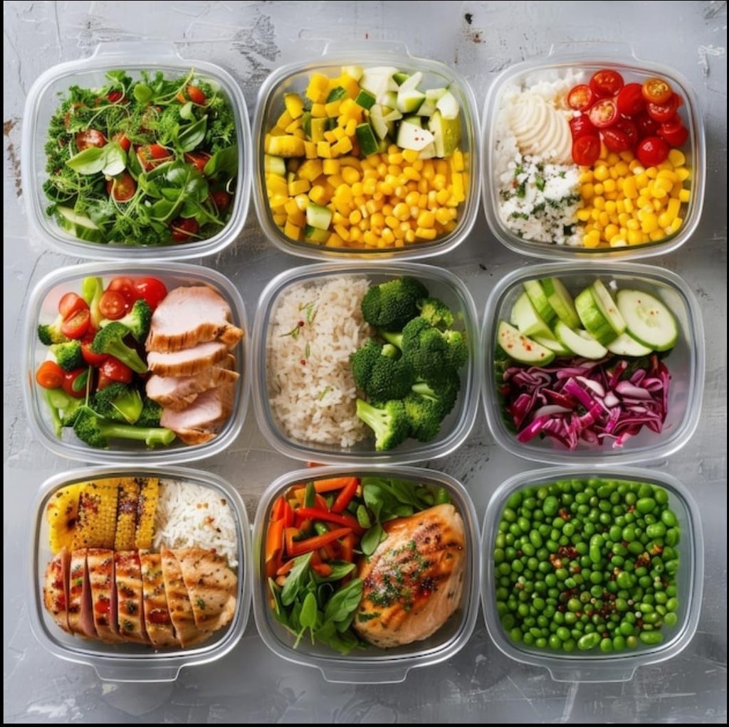 Top-down grid photo of nine clear containers filled with colorful healthy meal prep options, including chicken breast, rice, broccoli, corn, peas, and fresh garden salads.