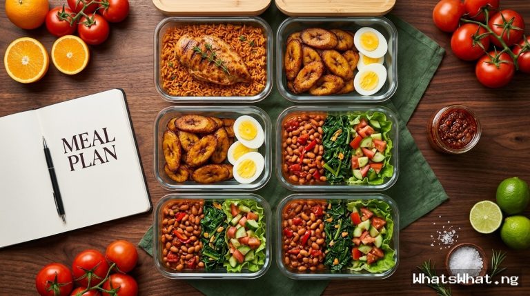Flat-lay editorial photo of glass meal prep containers with Jollof rice, plantains, eggs, and salad alongside a notebook reading MEAL PLAN on a dark walnut table.