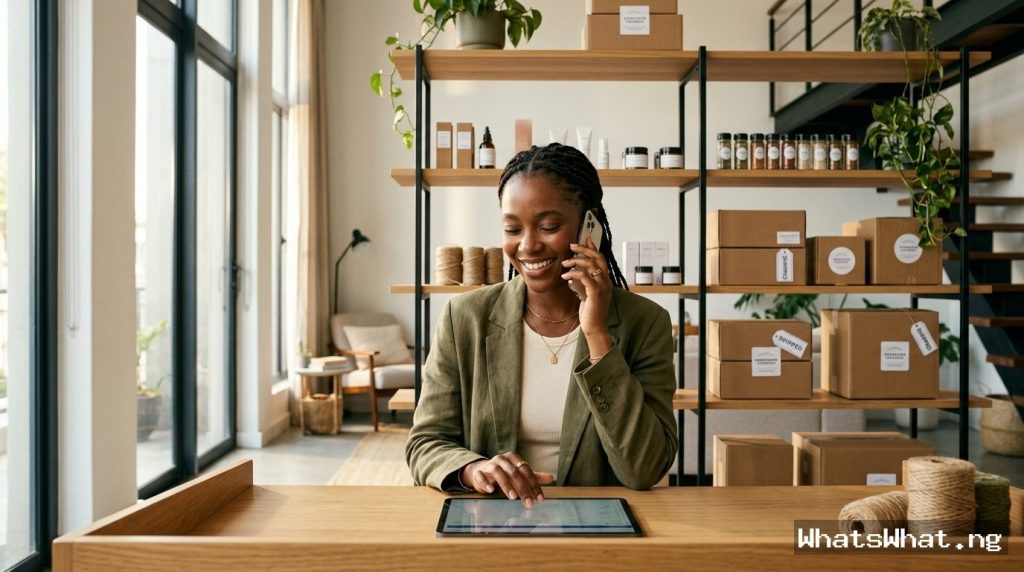 A smiling Black woman in a chic olive blazer talking on the phone while managing orders on a digital tablet in her sunlit loft studio, with organized shipping boxes and inventory on open shelves behind her.