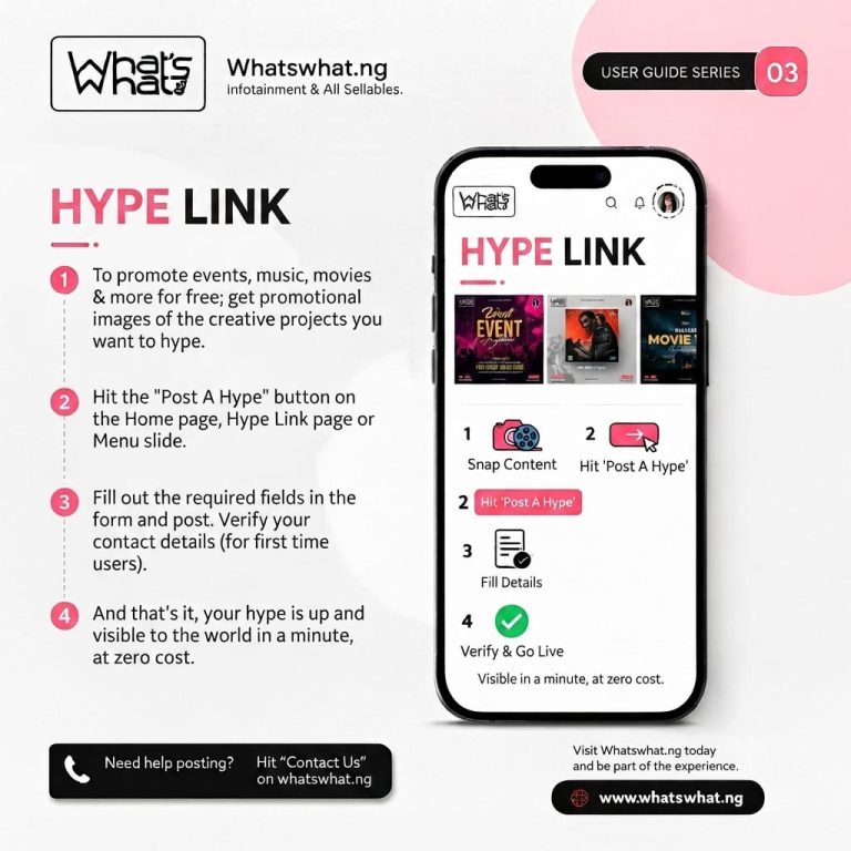 Infographic guide showing step-by-step instructions on how to promote events, music, and movies for free on whatswhat.ng Hype Link.