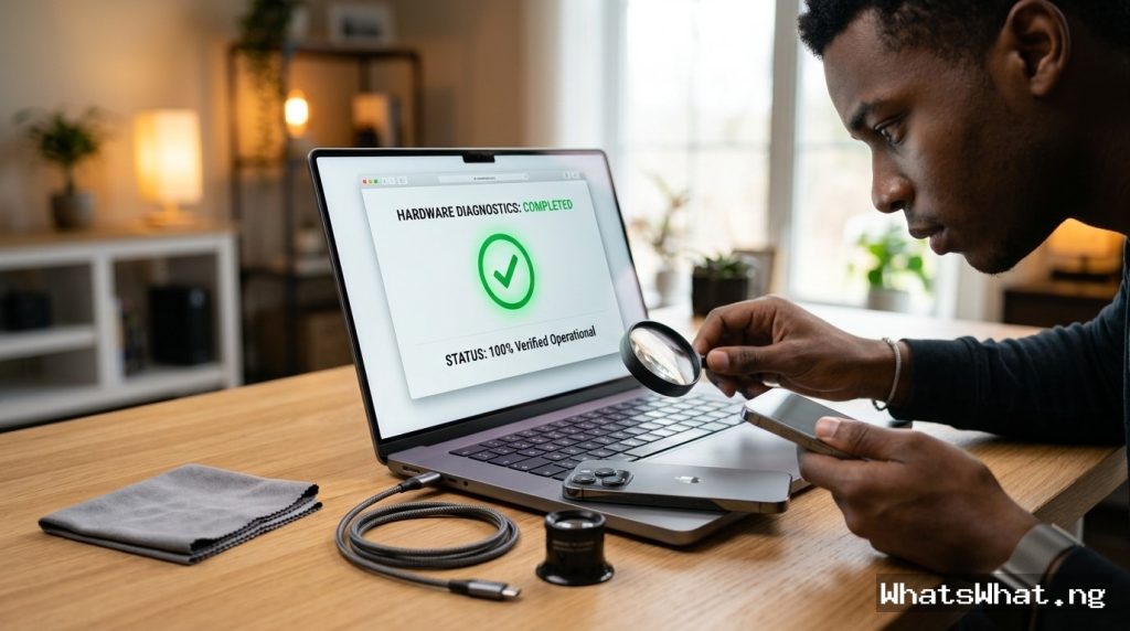 An African male tech consumer using a magnifying lens to inspect a pre-owned laptop displaying a hardware diagnostics verified status next to a smartphone.