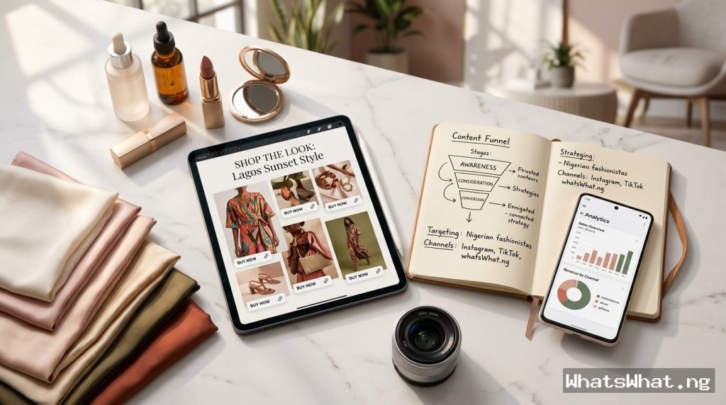An overhead flat-lay setup showing skincare serums, lipstick, silk swatches, a digital tablet displaying a shoppable fashion mood board, and a content funnel strategy notebook on a white marble table.