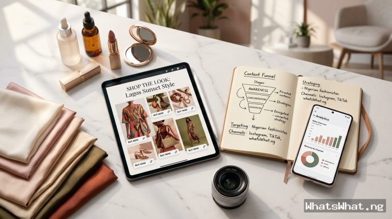 An overhead flat-lay setup showing skincare serums, lipstick, silk swatches, a digital tablet displaying a shoppable fashion mood board, and a content funnel strategy notebook on a white marble table.