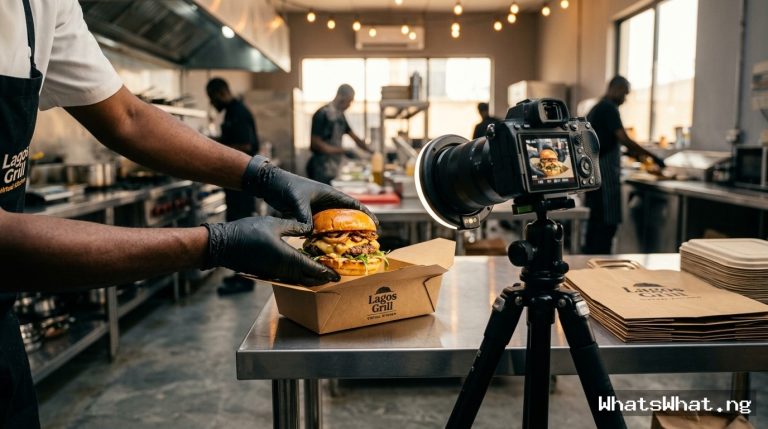 A chef wearing black gloves carefully placing a gourmet burger into a branded takeaway box next to a camera setup in a commercial ghost kitchen.