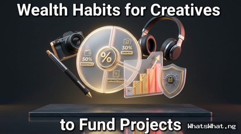 An editorial title card graphic with white text reading 'Wealth Habits for Creatives to Fund Projects' overlaying floating 3D icons of a camera, stylus, headphones, a financial pie chart with 50/30/20 data, and an upward-trending bar graph on a dark platform with cinematic lighting.
